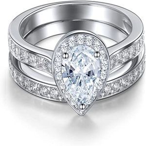 Wedding Engagement Rings Set, 18K White Gold Plated Teardrop Cut Cubic Ring